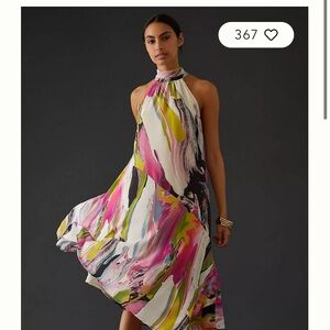 Anthropologie Silk Midi Asymmetrical Dress in Pink, Black, and White